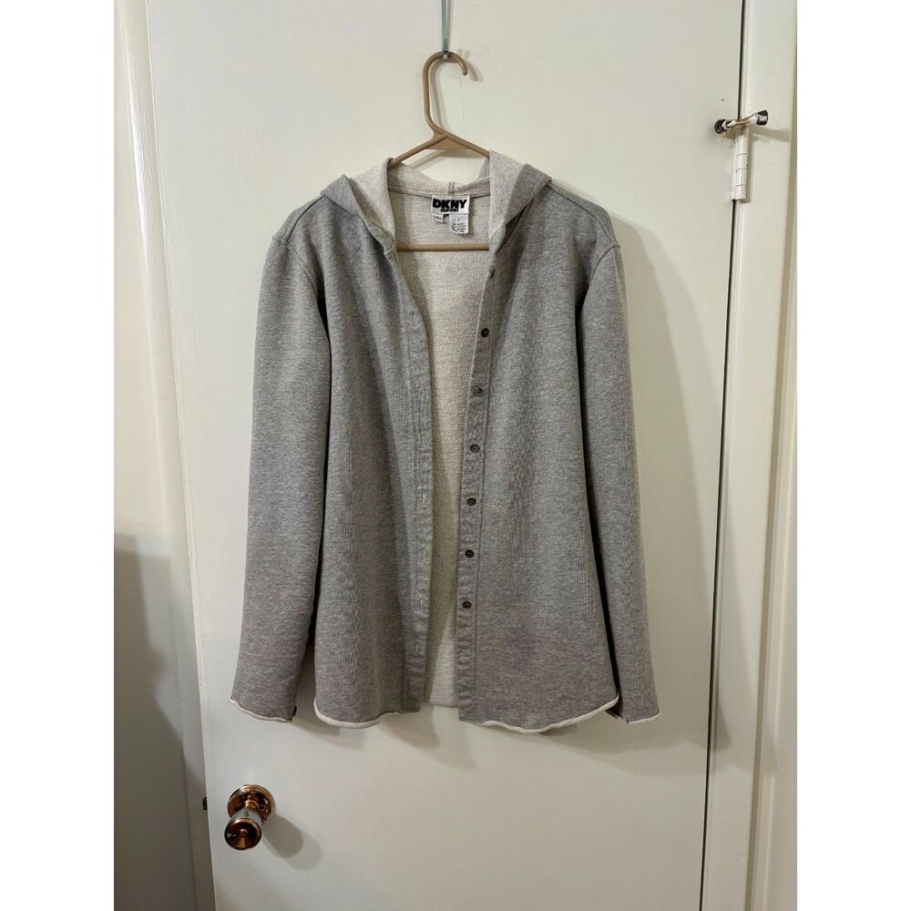 DKNY Vintage Womens 100% Woven Cotton Size Small Gray Terry Lined Hoodie Coat